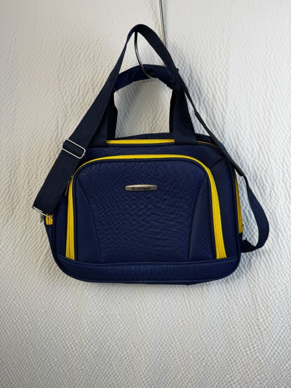 Rockland Luggage Small Canvas Carry on Bag With Strap 14x11.5x5.5 Blue & Gold